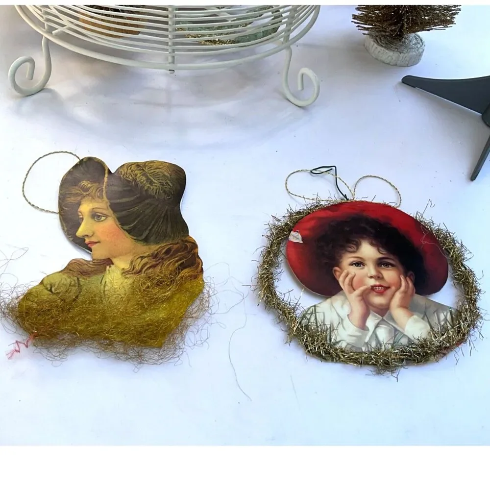 Vintage Victorian Style Die Cut Christmas Ornaments Scrap Tinsel Lady Child Pair